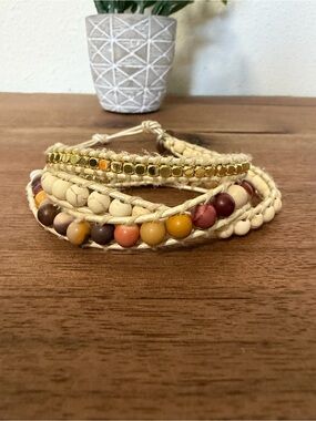 Boho Multi-Strand Beaded Wrap Bracelet in Cream and Earth Tones